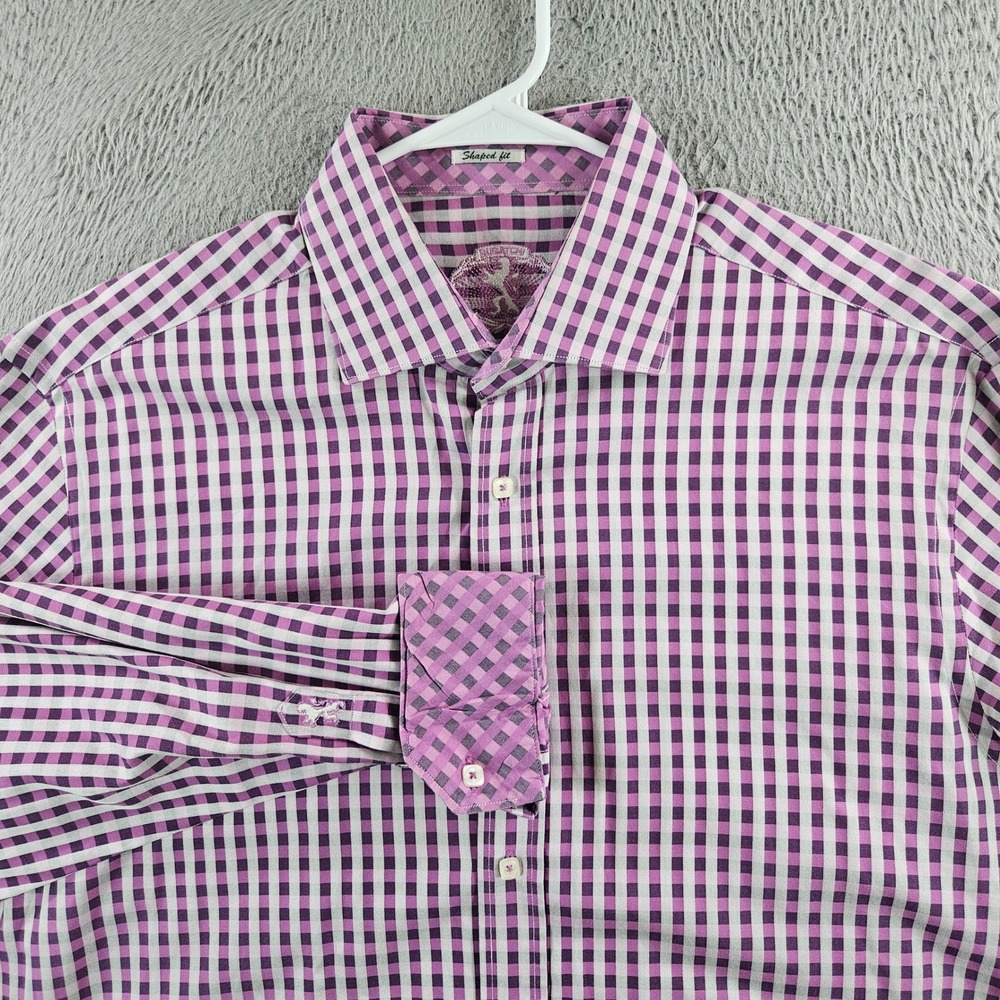 Bugatchi Uomo Mens Purple White Gingham Shaped Fit Cotton Button Down Shirt XL